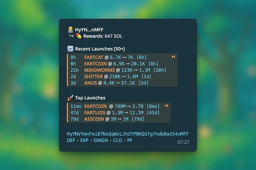 The image shows the DEV command response including recent and top token launches with their corresponding growth statistics.