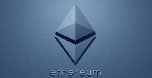 The image features the Ethereum logo, a geometric 3D diamond shape, with the word "ethereum" written below it on a blue background. (Captioned by AI)