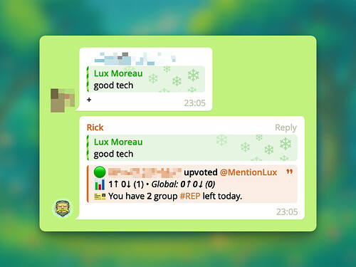 The image shows a chat exchange where a user named Rick acknowledges another user's comment with an upvote and mentions having two group reputations left for the day.