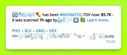 A notification indicates that something has been migrated, with a current FDV of 85.7K, and was scanned seven hours ago by a specified source, mentioning hashtags and tags like PHO, BLX, GMG, and DEX. (Captioned by AI)