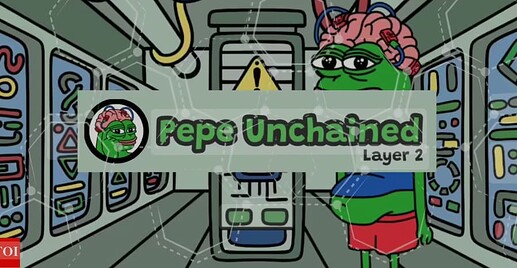 A cartoon frog with a visible brain stands in a futuristic room with the text "Pepe Unchained Layer 2" superimposed. (Captioned by AI)