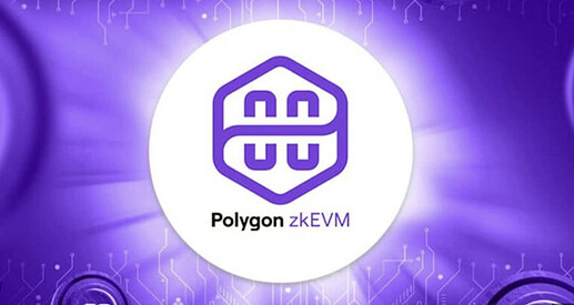 The image features the Polygon zkEVM logo on a purple background with a digital circuit pattern. (Captioned by AI)