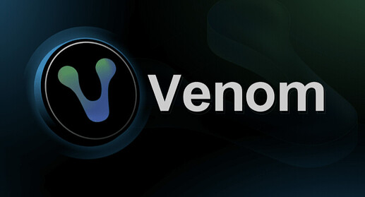 The image shows the word "Venom" next to a circular logo with a stylised "V" featuring blue and green gradients on a dark background. (Captioned by AI)