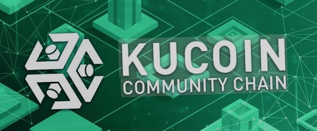 The image features the logo and text "KUCOIN COMMUNITY CHAIN" on a green, abstract digital background. (Captioned by AI)