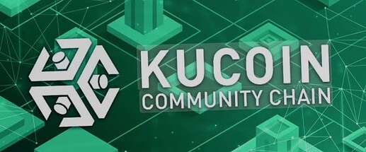 The image features the logo and text "KUCOIN COMMUNITY CHAIN" on a green, abstract digital background. (Captioned by AI)
