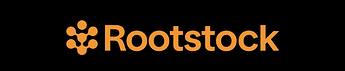 The image features the logo for "Rootstock" in orange text with an abstract design on a black background. (Captioned by AI)