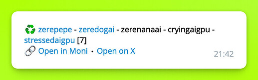 The image shows a notification with various tags: "zerepepe," "zeredogai," "zerenanaai," "cryingaigpu," and "stressedaigpu [7]," along with options to "Open in Moni" and "Open on X," against a bright green background. (Captioned by AI)