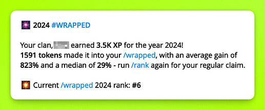 This image shows a 2024 #WRAPPED summary highlighting a clan's achievements, including earning 3.5K XP, 1591 tokens, and a current rank of #6, with average and median gains of 823% and 29% respectively. (Captioned by AI)