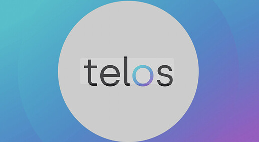 The image features the word "telos" in lowercase, centred on a light grey circle with a gradient blue and purple background. (Captioned by AI)